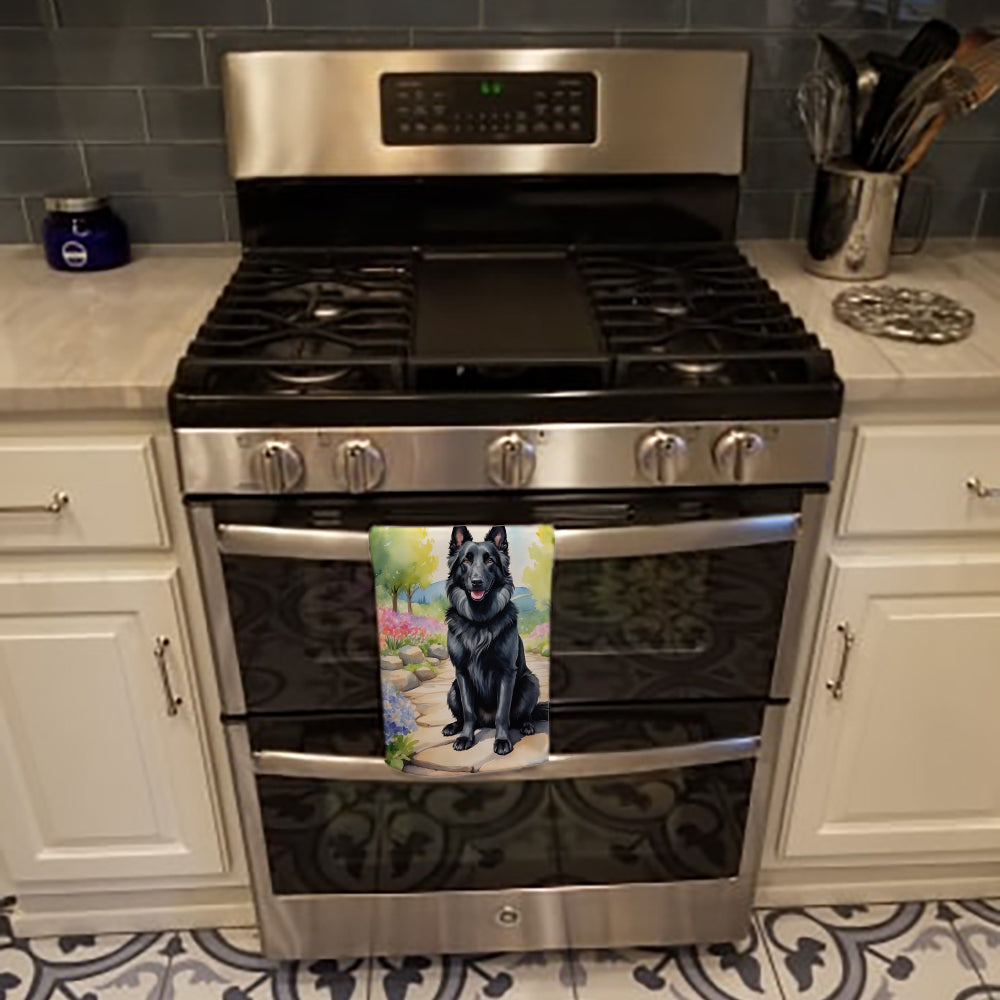 Belgian Sheepdog Spring Path Kitchen Towel Velour Plush Front and Cotton Loop Back Machine Washable