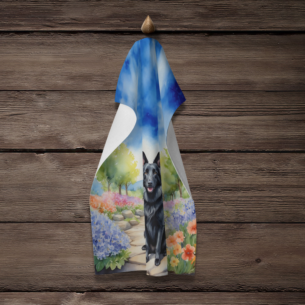 Belgian Sheepdog Spring Path Kitchen Towel Velour Plush Front and Cotton Loop Back Machine Washable