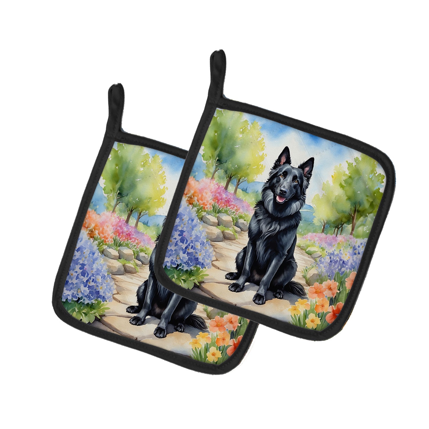 Belgian Sheepdog Spring Path Pot Holder Set of 2 Heat Resistant Quilted Hot Pads 7.5 x 7.5 Inch, Insulated Kitchen Trivets for Cooking & Baking