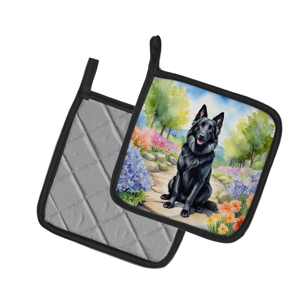 Belgian Sheepdog Spring Path Pot Holder Set of 2 Heat Resistant Quilted Hot Pads 7.5 x 7.5 Inch, Insulated Kitchen Trivets for Cooking & Baking