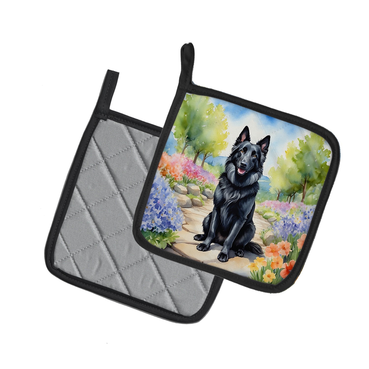 Belgian Sheepdog Spring Path Pot Holder Set of 2 Heat Resistant Quilted Hot Pads 7.5 x 7.5 Inch, Insulated Kitchen Trivets for Cooking & Baking