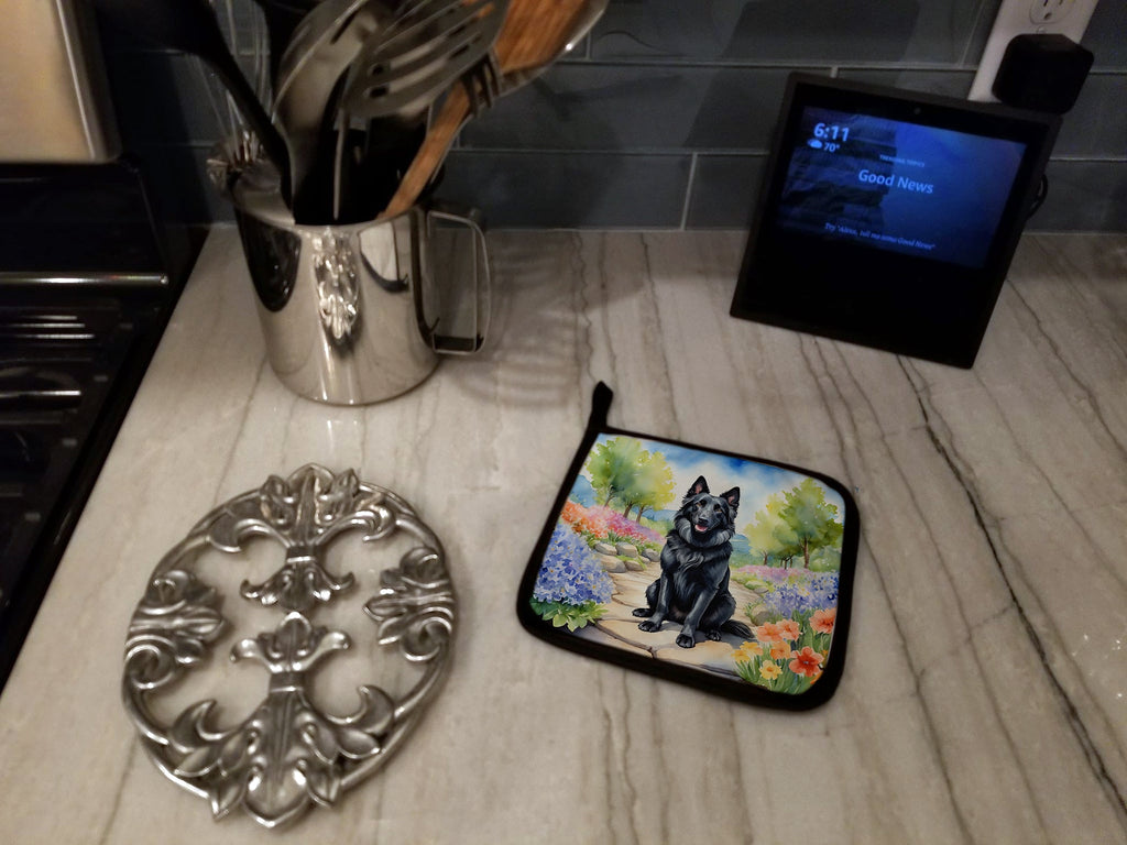 Belgian Sheepdog Spring Path Pot Holder Set of 2 Heat Resistant Quilted Hot Pads 7.5 x 7.5 Inch, Insulated Kitchen Trivets for Cooking & Baking