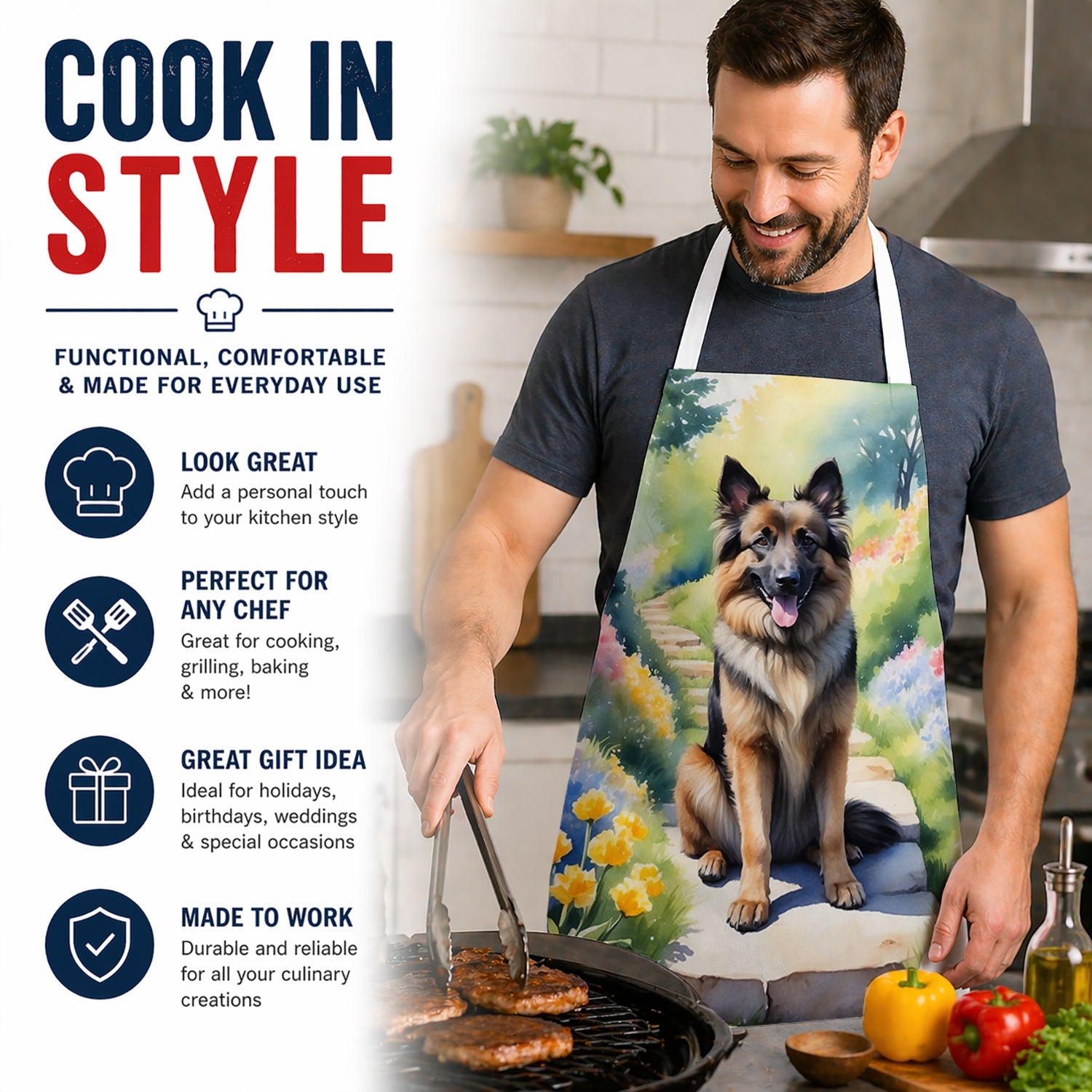 Belgian Tervuren Spring Path Apron Cooking Kitchen Server Baking Crafts Gardening for Adult Women Men, Unisex, Large, Multicolor