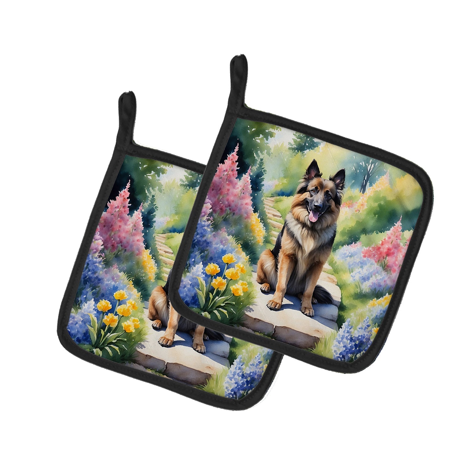 Belgian Tervuren Spring Path Pot Holder Set of 2 Heat Resistant Quilted Hot Pads 7.5 x 7.5 Inch, Insulated Kitchen Trivets for Cooking & Baking