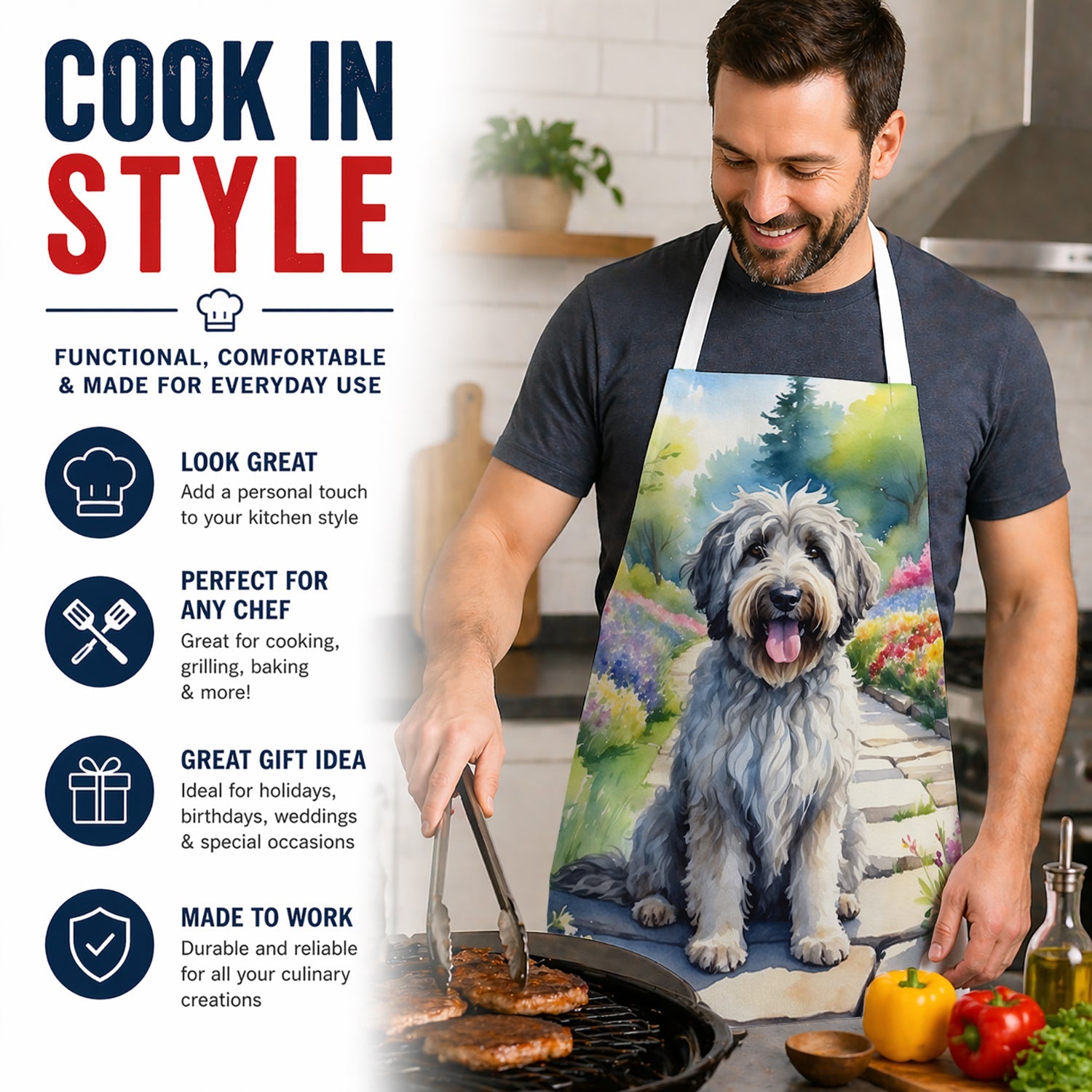 Bergamasco Sheepdog Spring Path Apron Cooking Kitchen Server Baking Crafts Gardening for Adult Women Men, Unisex, Large, Multicolor