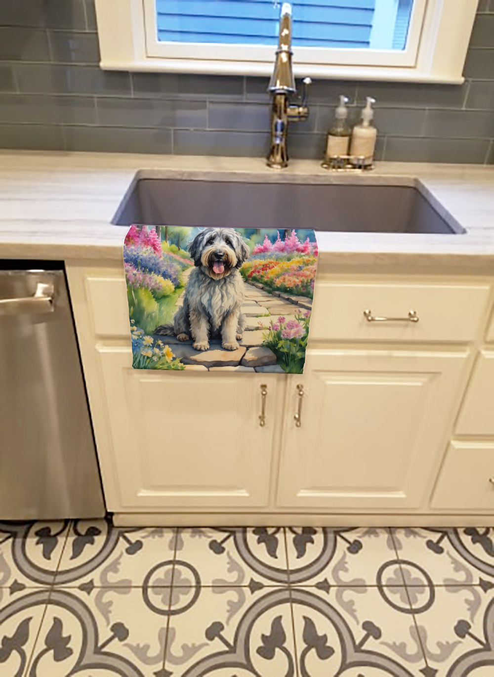 Bergamasco Sheepdog Spring Path Kitchen Towel Velour Plush Front and Cotton Loop Back Machine Washable