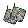 Bergamasco Sheepdog Spring Path Pot Holder Set of 2 Heat Resistant Quilted Hot Pads 7.5 x 7.5 Inch, Insulated Kitchen Trivets for Cooking & Baking