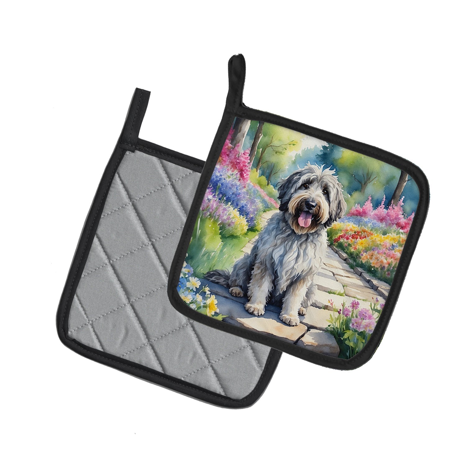 Bergamasco Sheepdog Spring Path Pot Holder Set of 2 Heat Resistant Quilted Hot Pads 7.5 x 7.5 Inch, Insulated Kitchen Trivets for Cooking & Baking