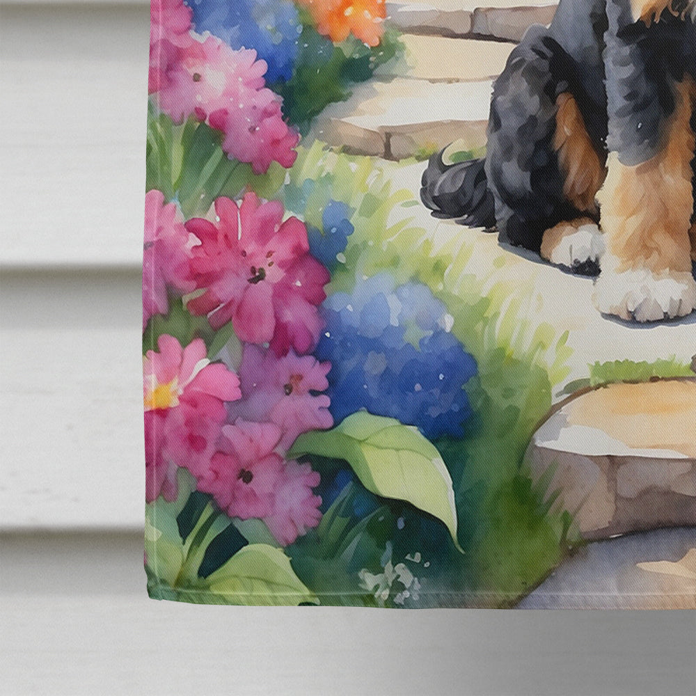 Bernedoodle Spring Path House Flag 28x40 Porch Sleeve Pole Decorative Outside Yard Banner Artwork Wall Hanging, Polyester