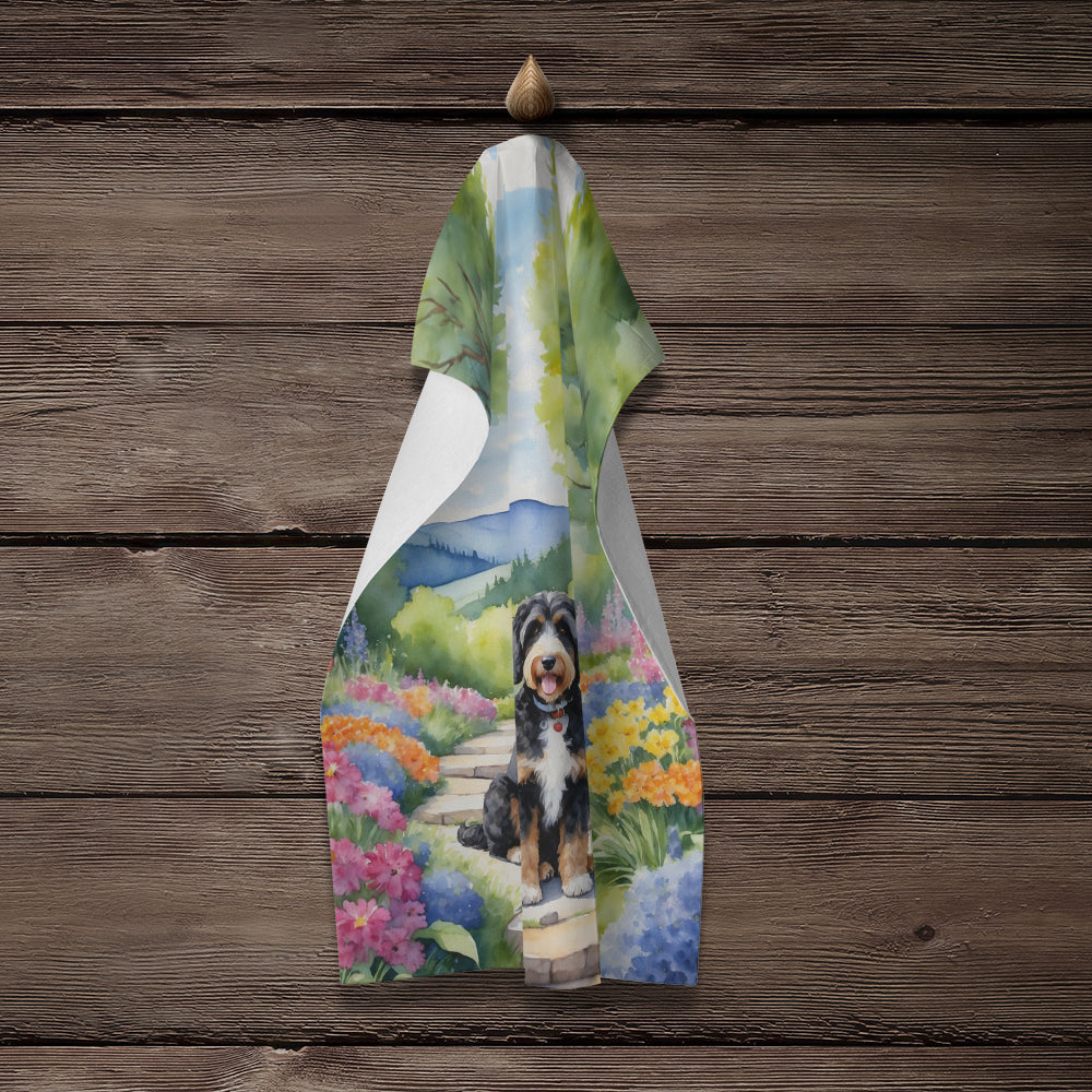 Bernedoodle Spring Path Kitchen Towel Velour Plush Front and Cotton Loop Back Machine Washable