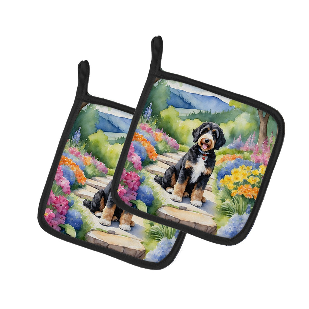 Bernedoodle Spring Path Pot Holder Set of 2 Heat Resistant Quilted Hot Pads 7.5 x 7.5 Inch, Insulated Kitchen Trivets for Cooking & Baking