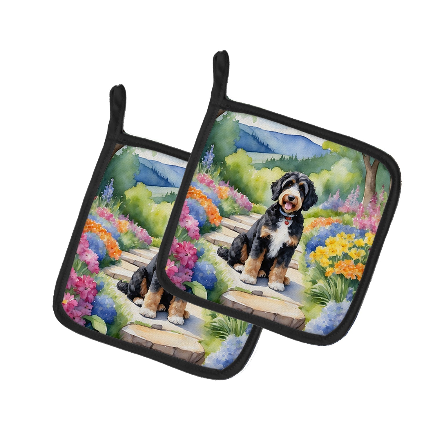 Bernedoodle Spring Path Pot Holder Set of 2 Heat Resistant Quilted Hot Pads 7.5 x 7.5 Inch, Insulated Kitchen Trivets for Cooking & Baking