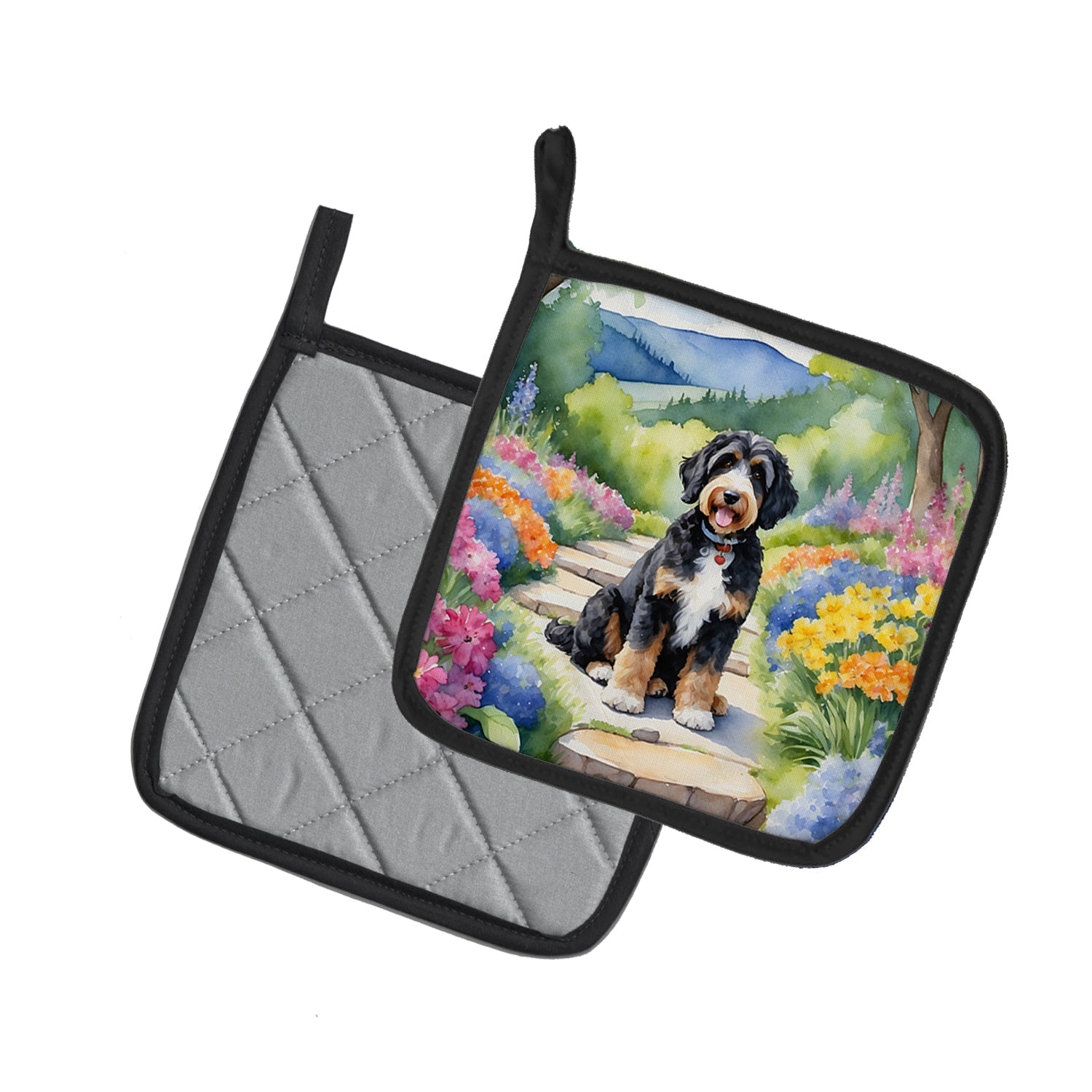 Bernedoodle Spring Path Pot Holder Set of 2 Heat Resistant Quilted Hot Pads 7.5 x 7.5 Inch, Insulated Kitchen Trivets for Cooking & Baking
