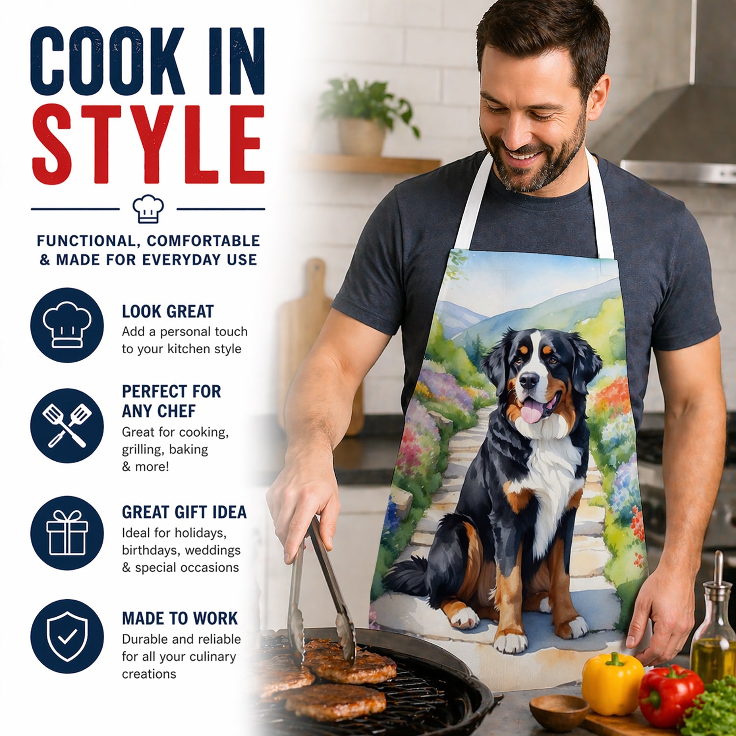 Bernese Mountain Dog Spring Path Apron Cooking Kitchen Server Baking Crafts Gardening for Adult Women Men, Unisex, Large, Multicolor