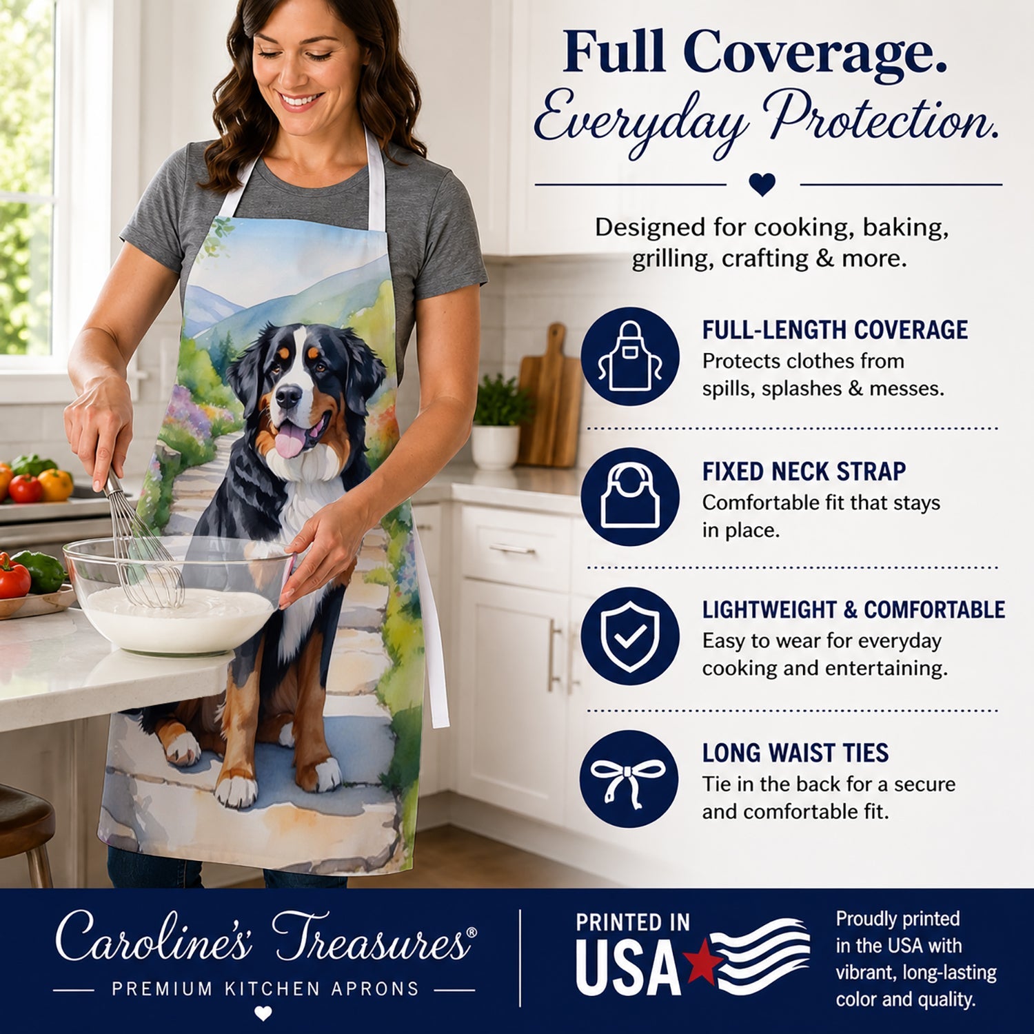 Bernese Mountain Dog Spring Path Apron Cooking Kitchen Server Baking Crafts Gardening for Adult Women Men, Unisex, Large, Multicolor