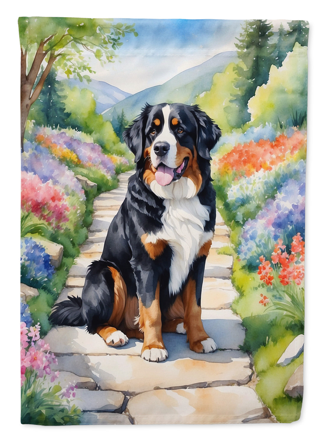 Bernese Mountain Dog Spring Path House Flag 28x40 Porch Sleeve Pole Decorative Outside Yard Banner Artwork Wall Hanging, Polyester