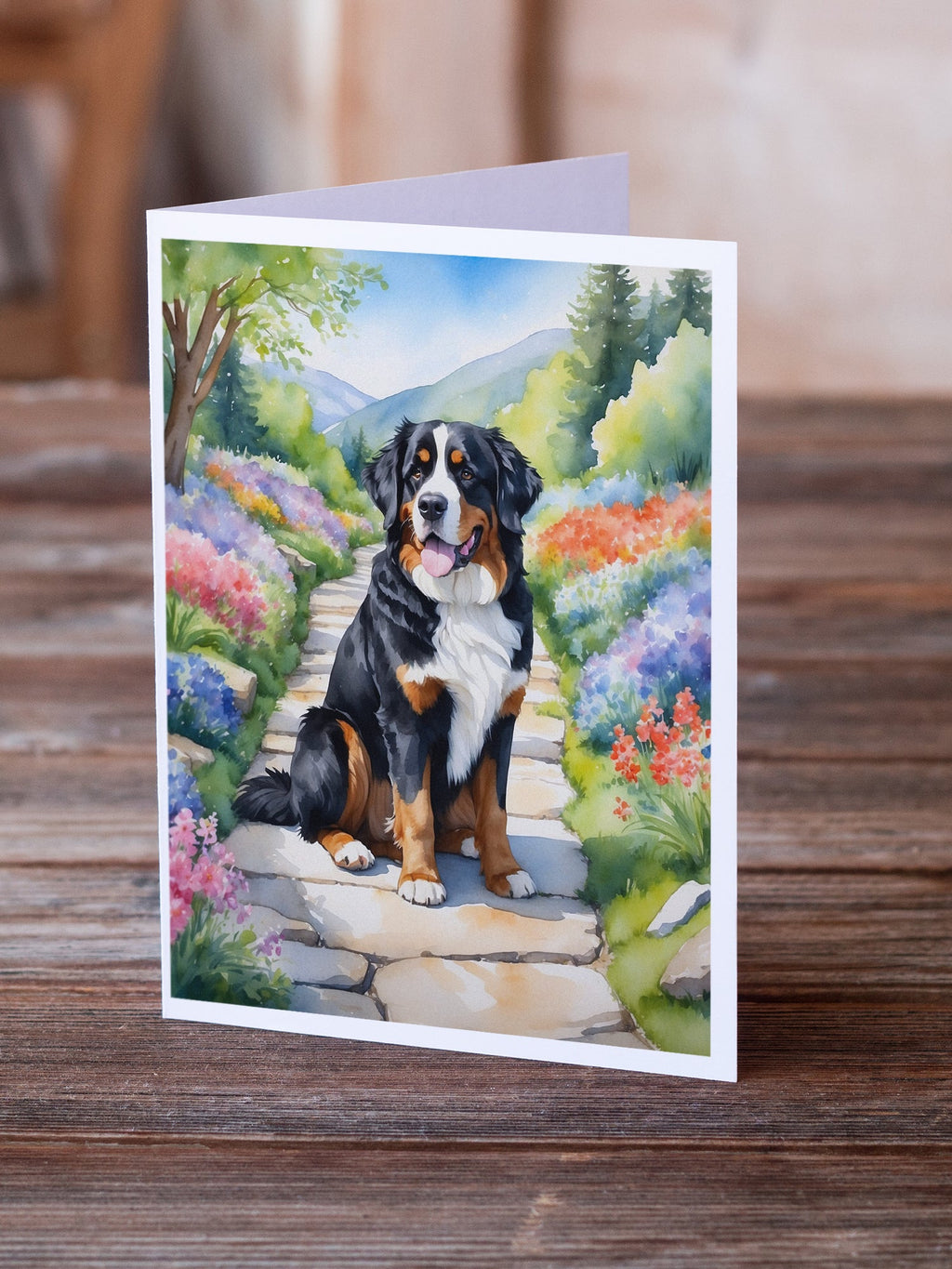Bernese Mountain Dog Spring Path Greeting Cards Pack of 8 Blank Cards with Envelopes Whimsical A7 Size 5x7
