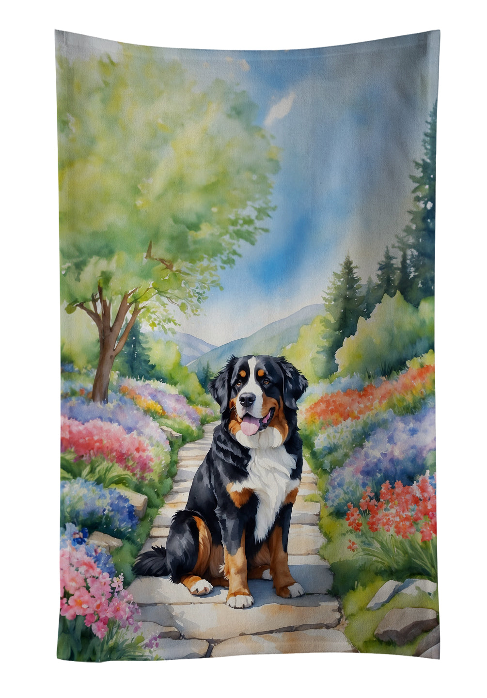 Bernese Mountain Dog Spring Path Kitchen Towel Velour Plush Front and Cotton Loop Back Machine Washable