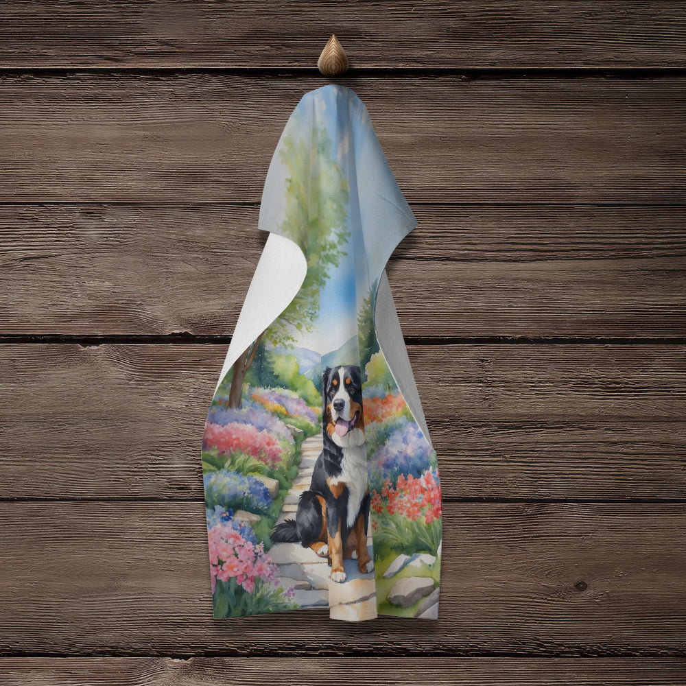Bernese Mountain Dog Spring Path Kitchen Towel Velour Plush Front and Cotton Loop Back Machine Washable