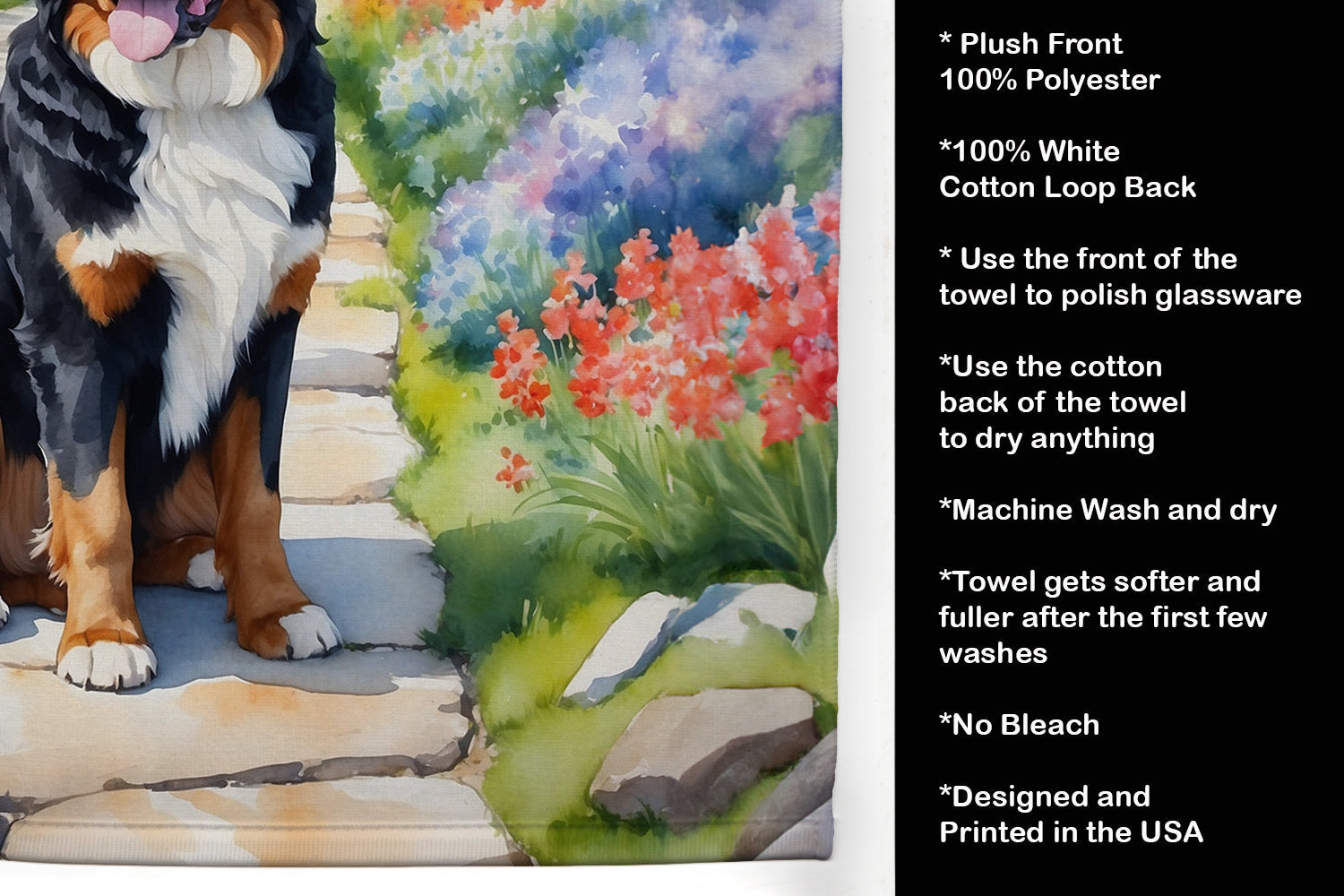Bernese Mountain Dog Spring Path Kitchen Towel Velour Plush Front and Cotton Loop Back Machine Washable