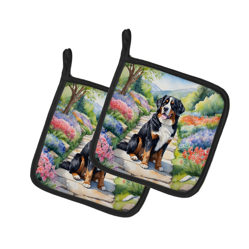 Bernese Mountain Dog Spring Path Pot Holder Set of 2 Heat Resistant Quilted Hot Pads 7.5 x 7.5 Inch, Insulated Kitchen Trivets for Cooking & Baking