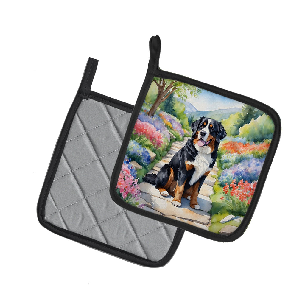 Bernese Mountain Dog Spring Path Pot Holder Set of 2 Heat Resistant Quilted Hot Pads 7.5 x 7.5 Inch, Insulated Kitchen Trivets for Cooking & Baking