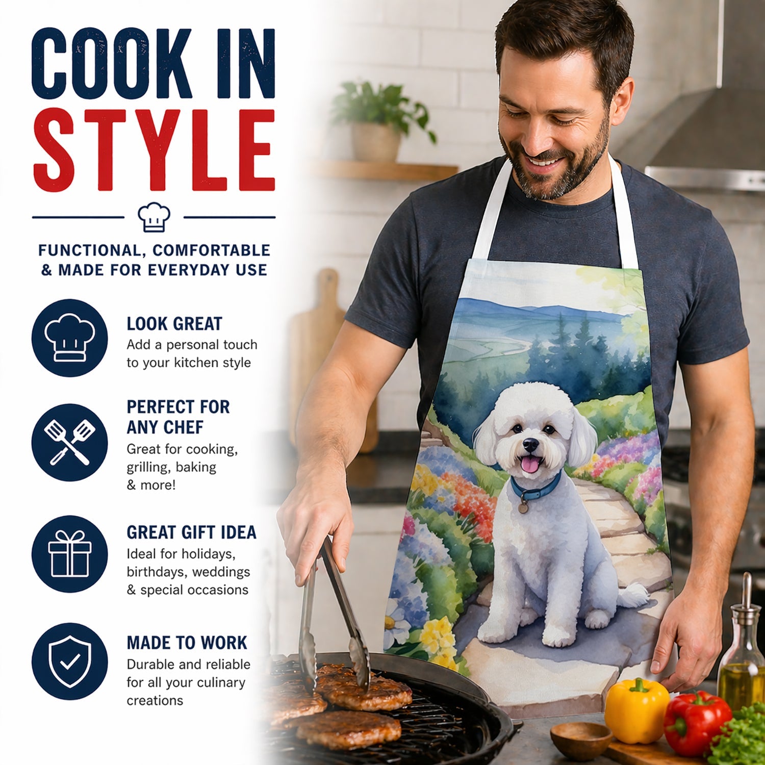 Bichon Frise Spring Path Apron Cooking Kitchen Server Baking Crafts Gardening for Adult Women Men, Unisex, Large, Multicolor