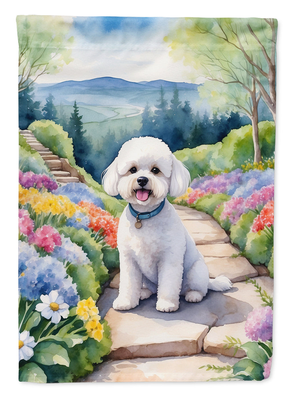 Bichon Frise Spring Path House Flag 28x40 Porch Sleeve Pole Decorative Outside Yard Banner Artwork Wall Hanging, Polyester