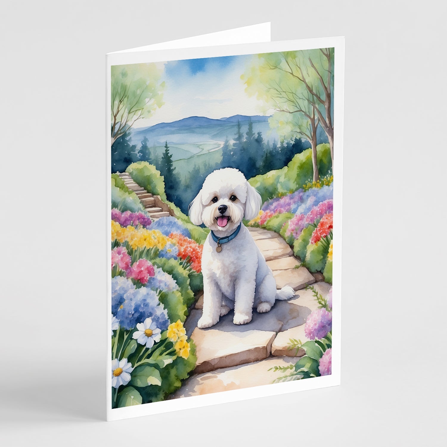 Bichon Frise Spring Path Greeting Cards Pack of 8 Blank Cards with Envelopes Whimsical A7 Size 5x7