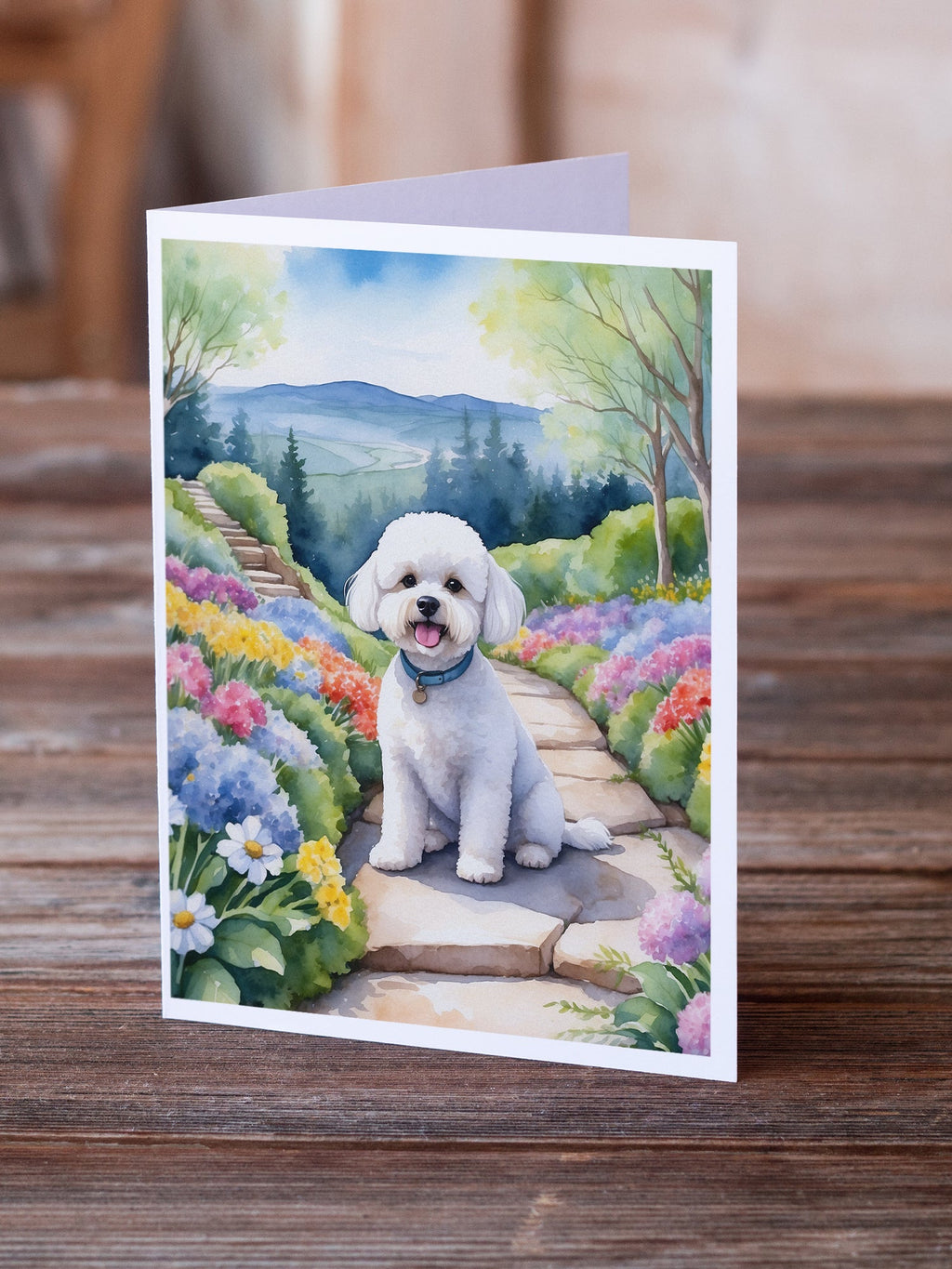 Bichon Frise Spring Path Greeting Cards Pack of 8 Blank Cards with Envelopes Whimsical A7 Size 5x7