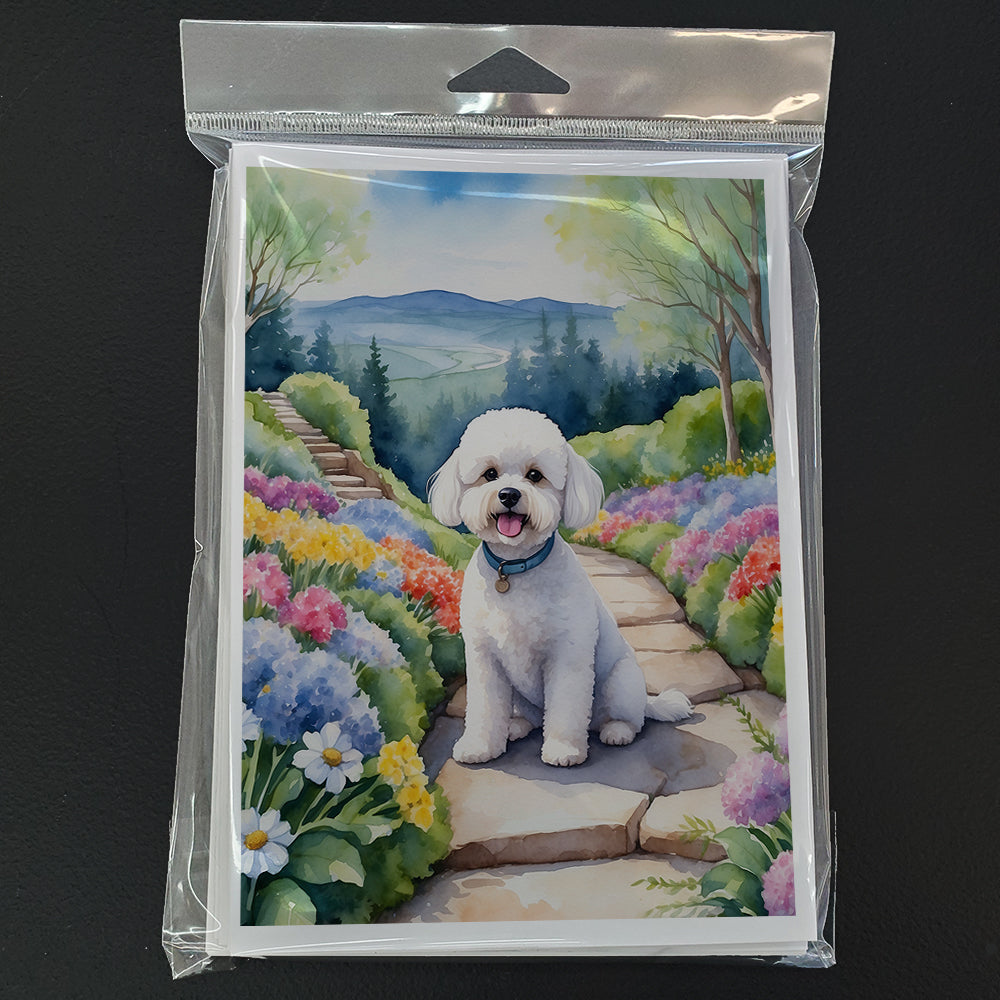 Bichon Frise Spring Path Greeting Cards Pack of 8 Blank Cards with Envelopes Whimsical A7 Size 5x7