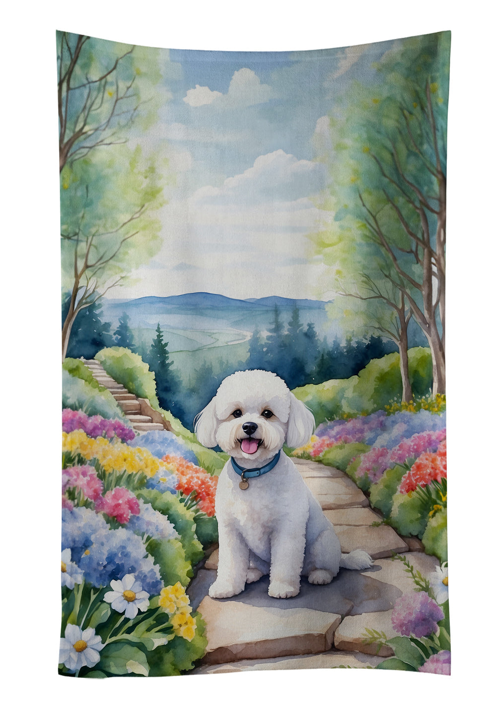Bichon Frise Spring Path Kitchen Towel Velour Plush Front and Cotton Loop Back Machine Washable