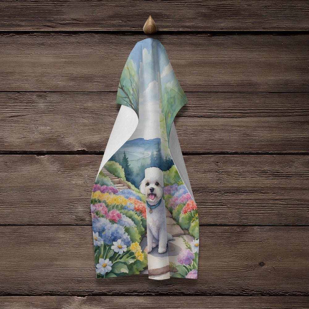 Bichon Frise Spring Path Kitchen Towel Velour Plush Front and Cotton Loop Back Machine Washable