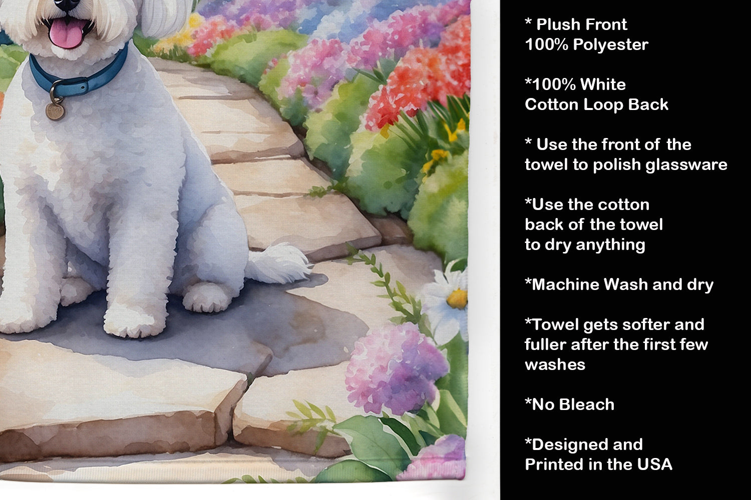 Bichon Frise Spring Path Kitchen Towel Velour Plush Front and Cotton Loop Back Machine Washable