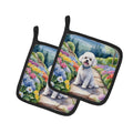 Bichon Frise Spring Path Pot Holder Set of 2 Heat Resistant Quilted Hot Pads 7.5 x 7.5 Inch, Insulated Kitchen Trivets for Cooking & Baking