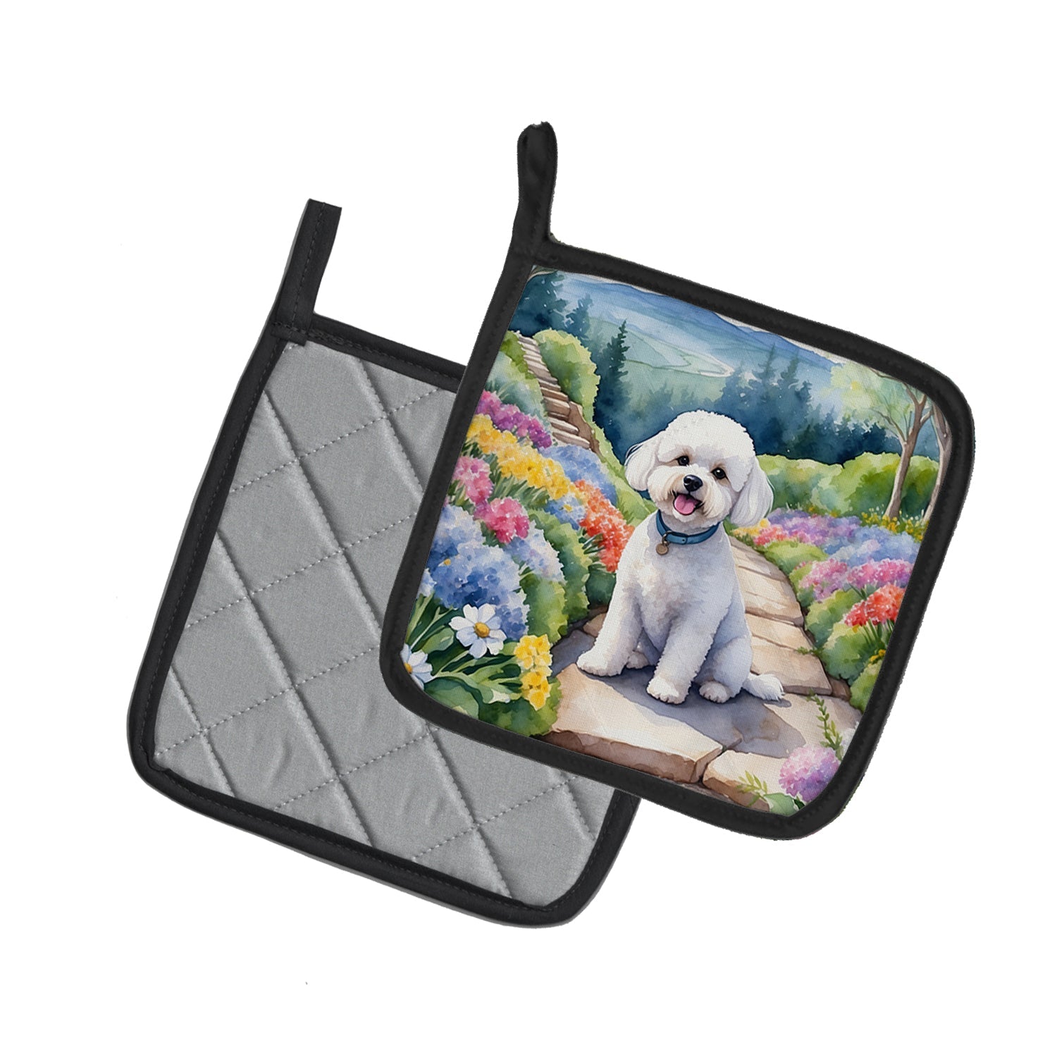 Bichon Frise Spring Path Pot Holder Set of 2 Heat Resistant Quilted Hot Pads 7.5 x 7.5 Inch, Insulated Kitchen Trivets for Cooking & Baking