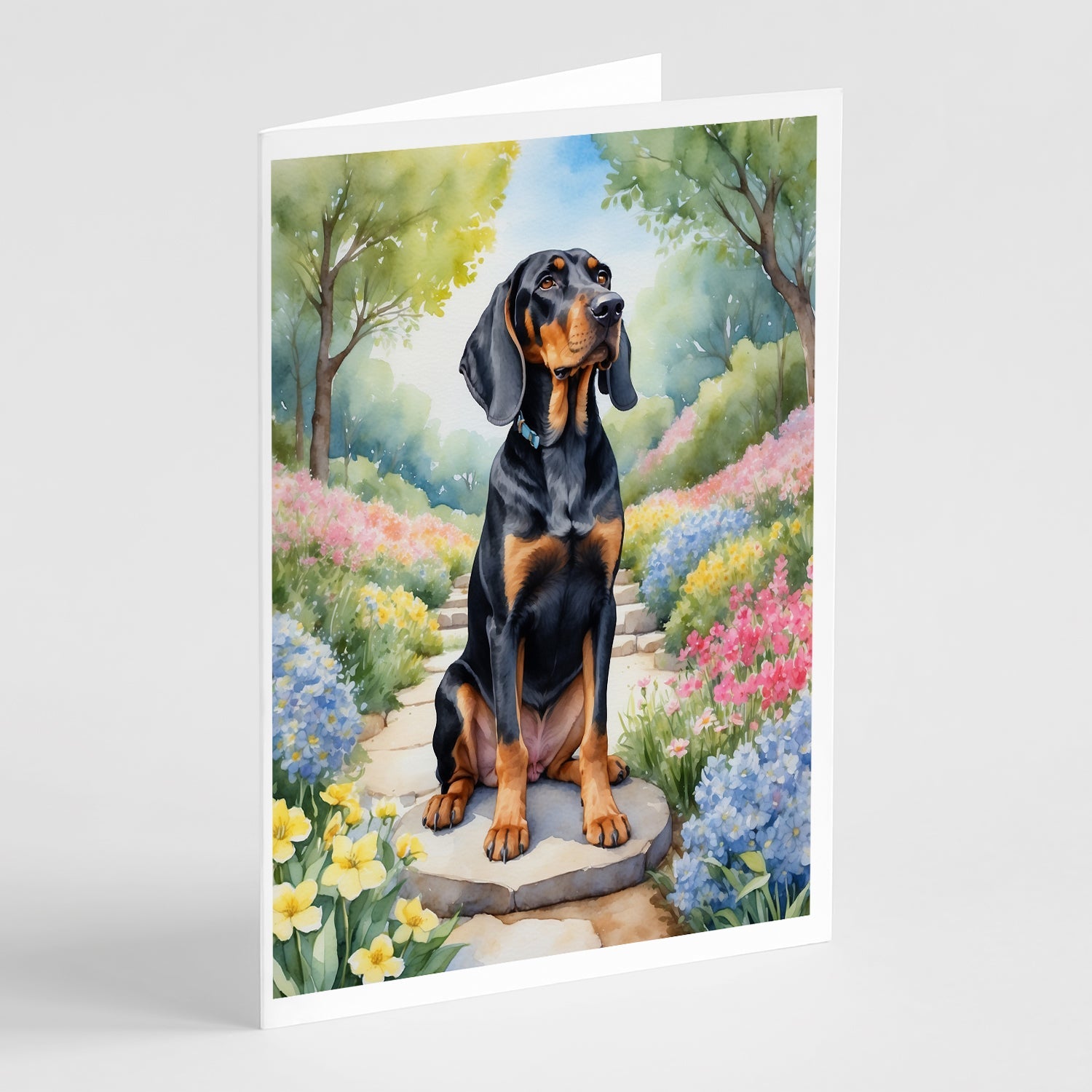 Black and Tan Coonhound Spring Path Greeting Cards Pack of 8 Blank Cards with Envelopes Whimsical A7 Size 5x7