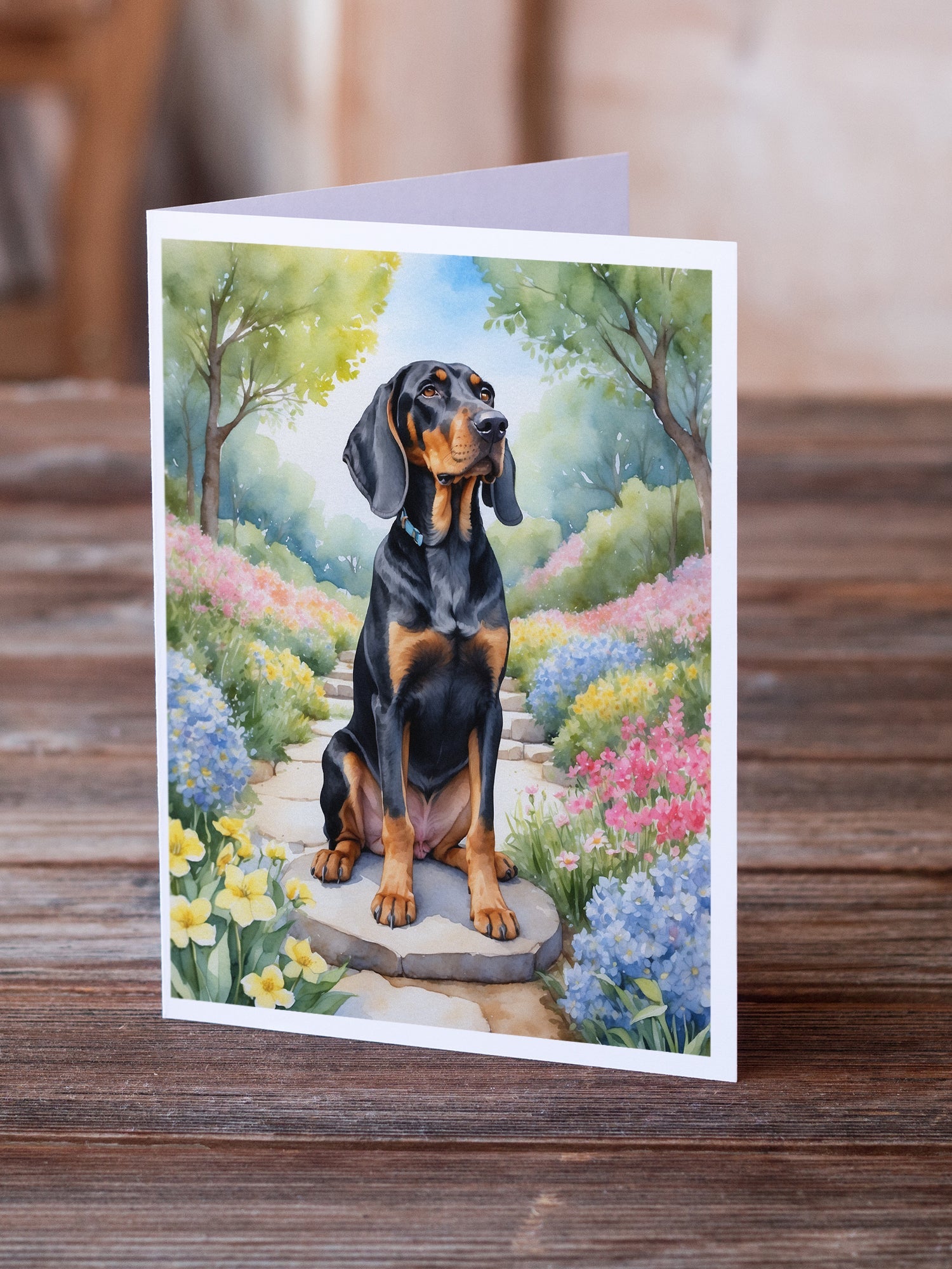 Black and Tan Coonhound Spring Path Greeting Cards Pack of 8 Blank Cards with Envelopes Whimsical A7 Size 5x7