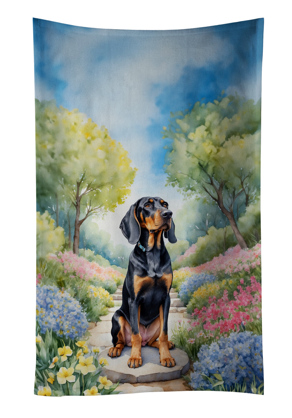 Black and Tan Coonhound Spring Path Kitchen Towel Velour Plush Front and Cotton Loop Back Machine Washable