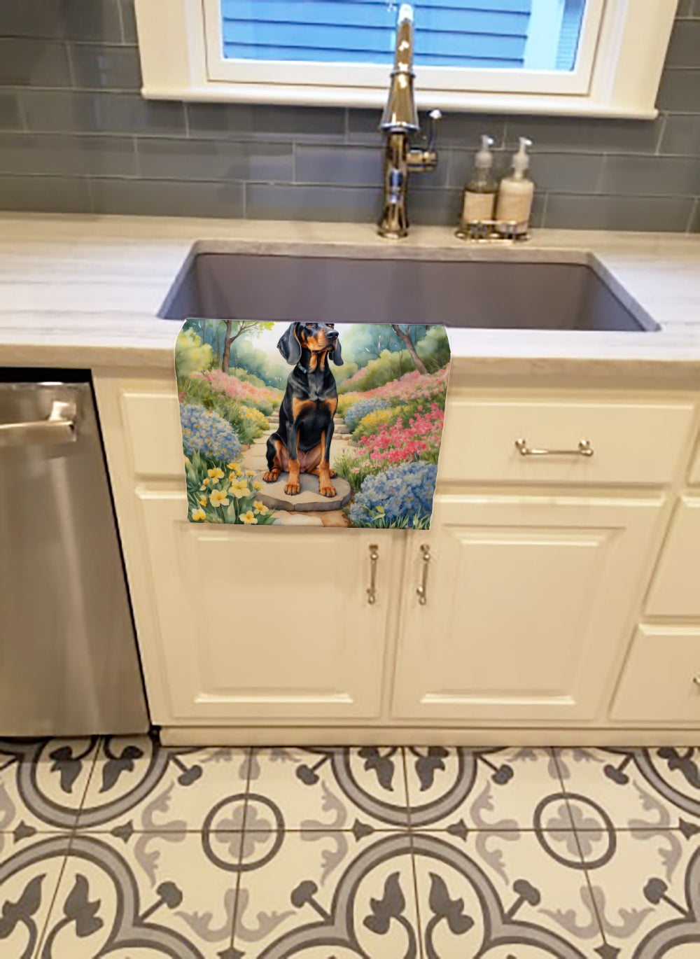 Black and Tan Coonhound Spring Path Kitchen Towel Velour Plush Front and Cotton Loop Back Machine Washable