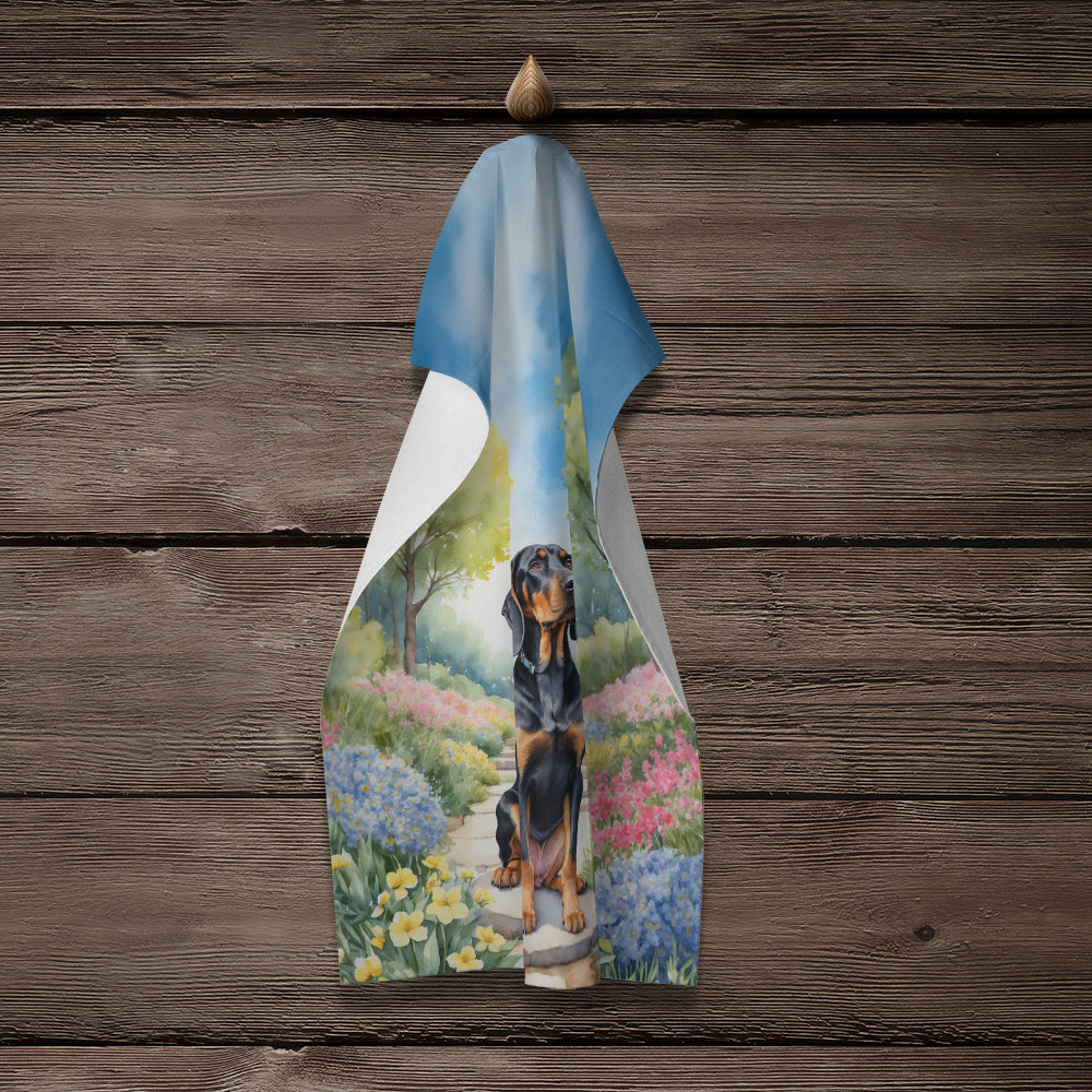 Black and Tan Coonhound Spring Path Kitchen Towel Velour Plush Front and Cotton Loop Back Machine Washable