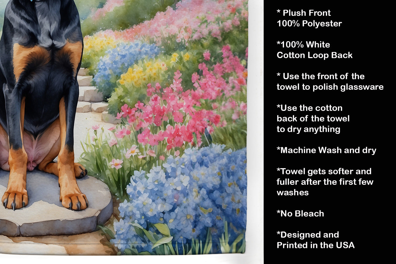 Black and Tan Coonhound Spring Path Kitchen Towel Velour Plush Front and Cotton Loop Back Machine Washable