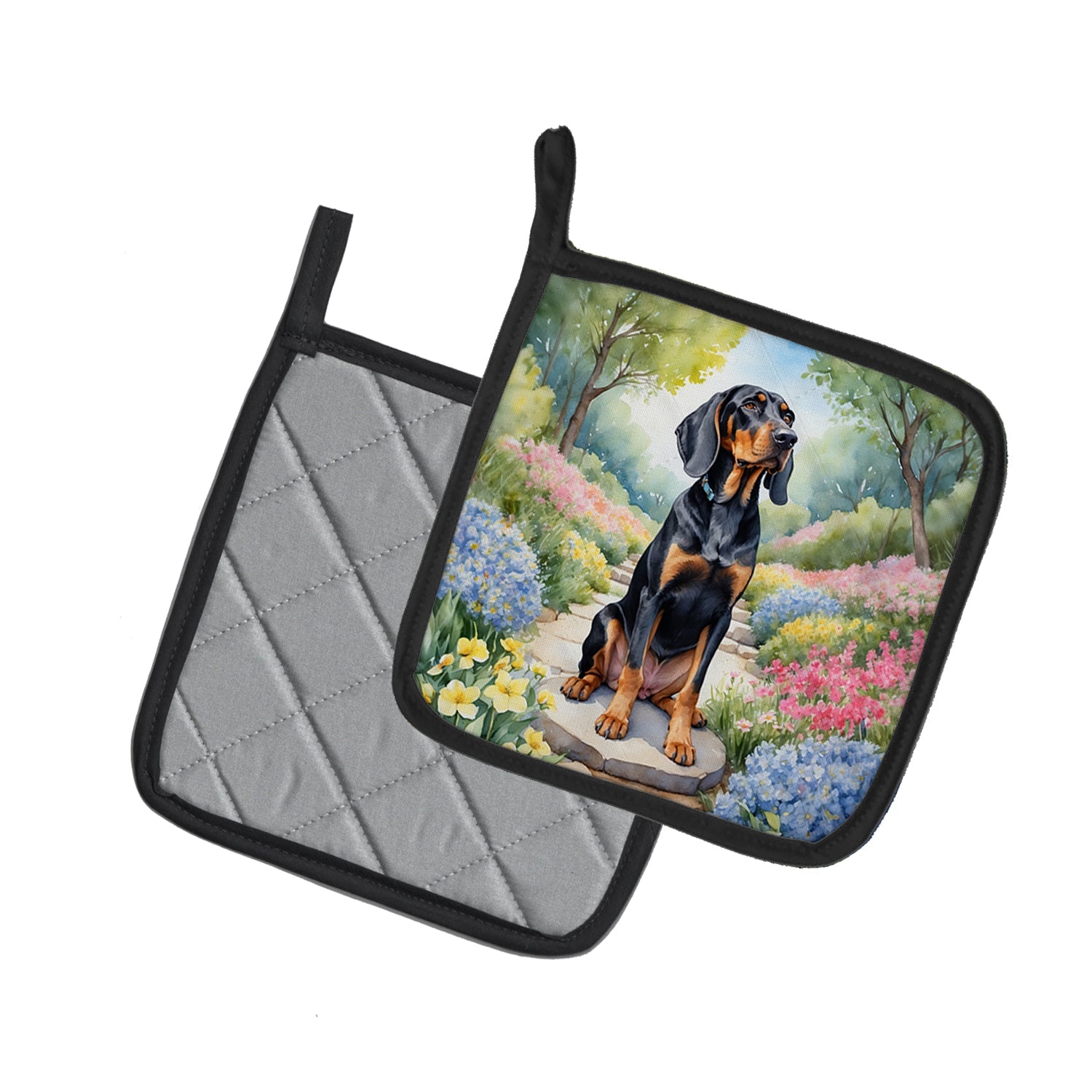 Black and Tan Coonhound Spring Path Pot Holder Set of 2 Heat Resistant Quilted Hot Pads 7.5 x 7.5 Inch, Insulated Kitchen Trivets for Cooking & Baking
