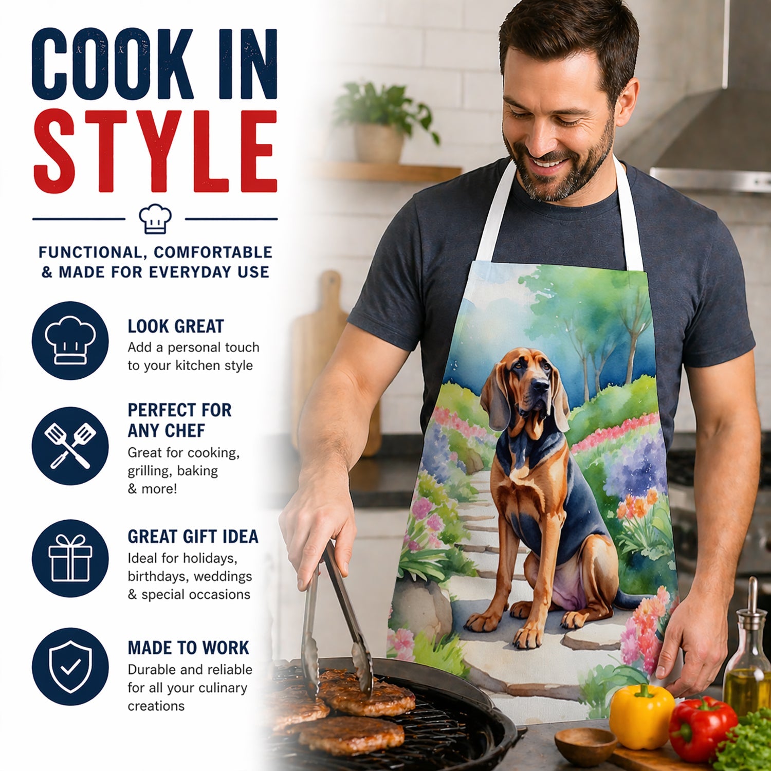 Bloodhound Spring Path Apron Cooking Kitchen Server Baking Crafts Gardening for Adult Women Men, Unisex, Large, Multicolor