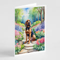 Bloodhound Spring Path Greeting Cards Pack of 8 Blank Cards with Envelopes Whimsical A7 Size 5x7