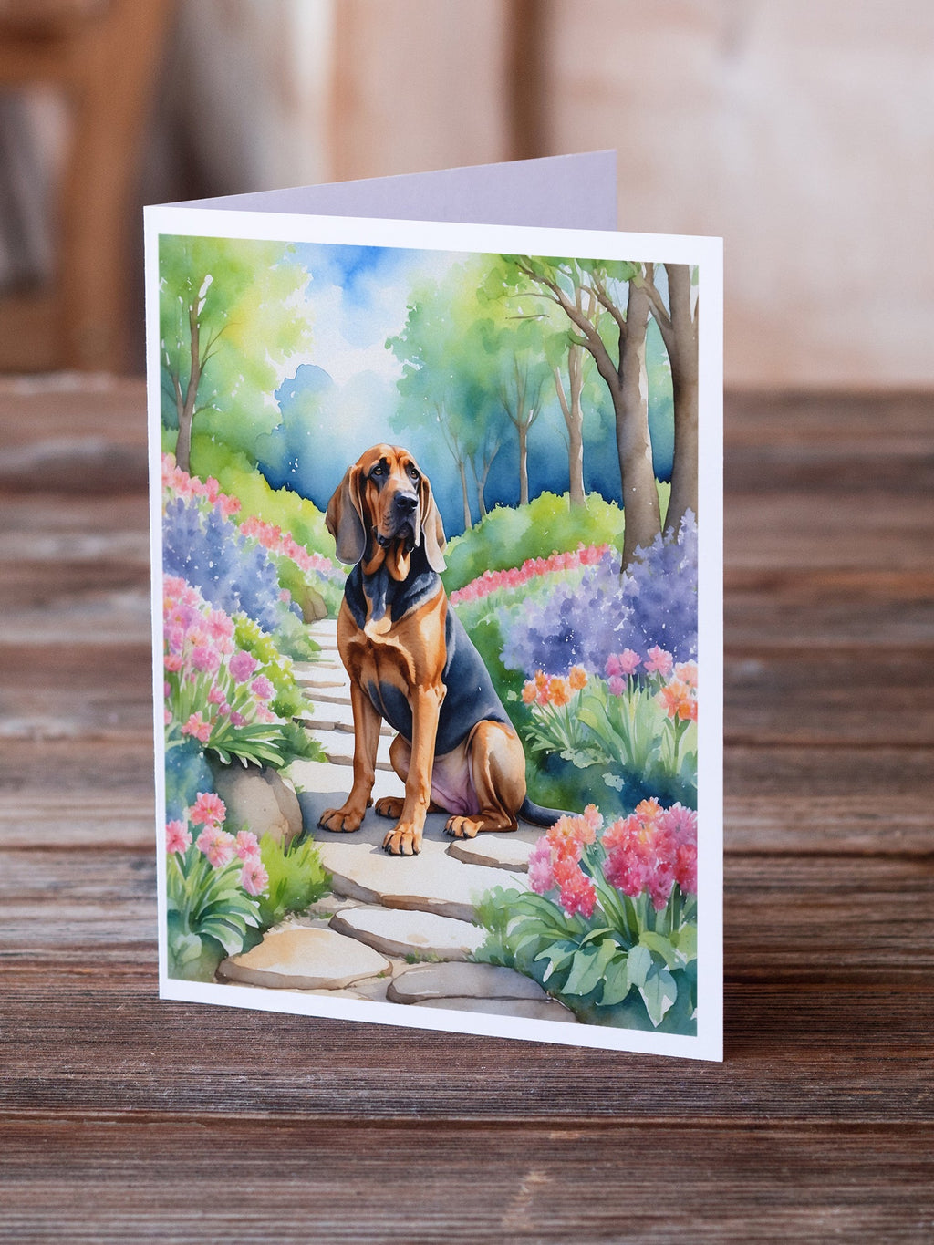 Bloodhound Spring Path Greeting Cards Pack of 8 Blank Cards with Envelopes Whimsical A7 Size 5x7