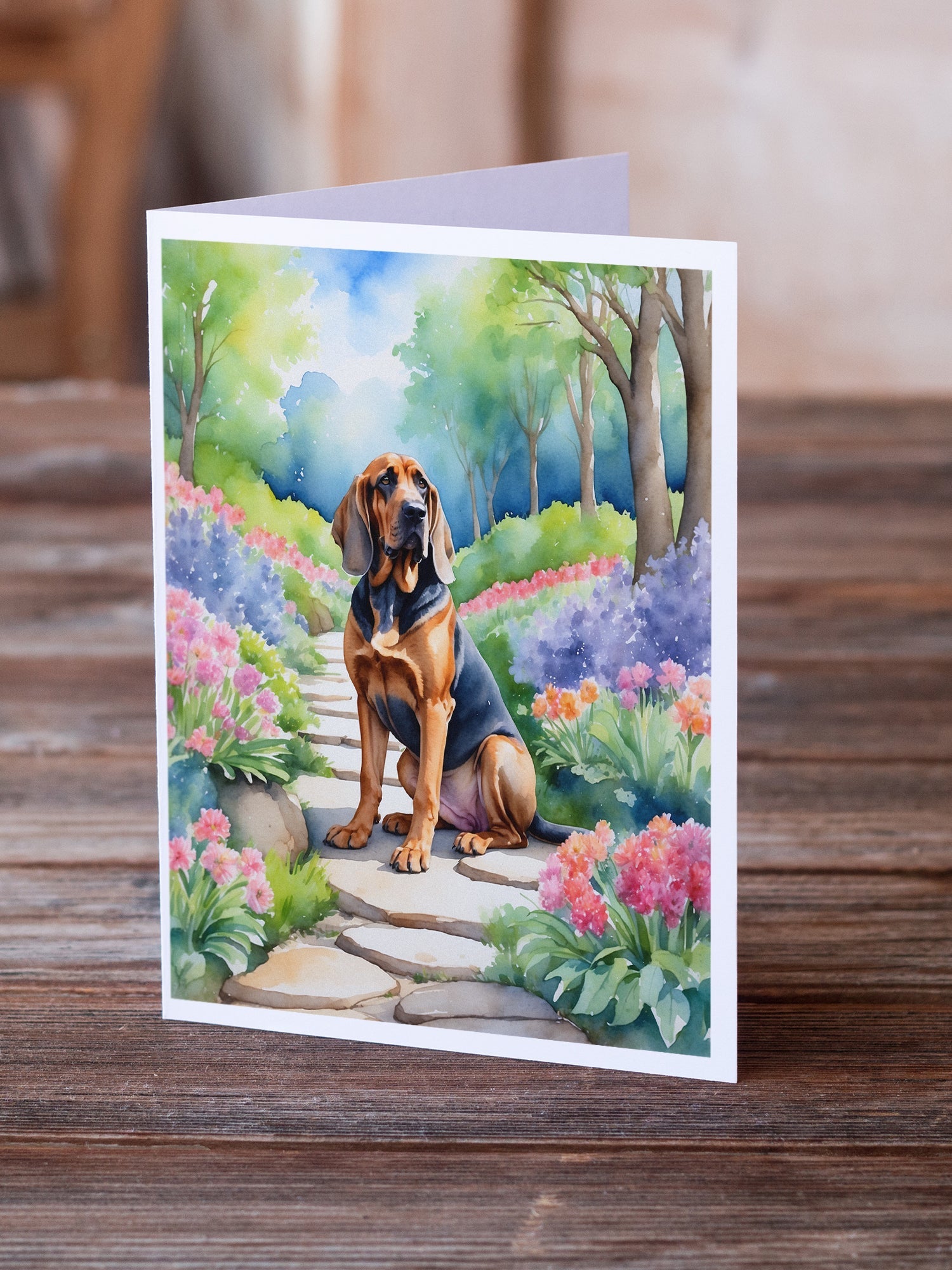 Bloodhound Spring Path Greeting Cards Pack of 8 Blank Cards with Envelopes Whimsical A7 Size 5x7