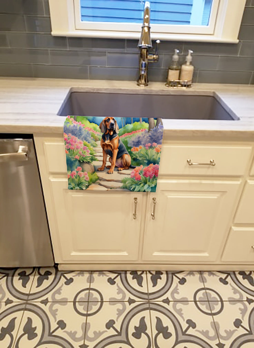 Bloodhound Spring Path Kitchen Towel Velour Plush Front and Cotton Loop Back Machine Washable