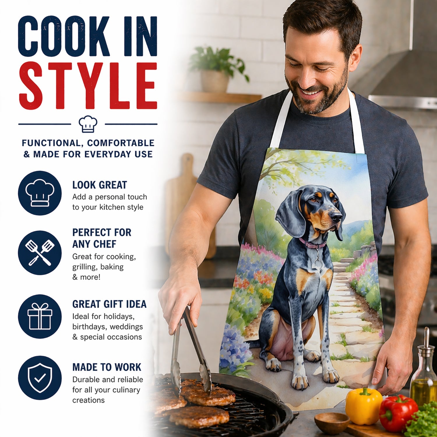 Bluetick Coonhound Spring Path Apron Cooking Kitchen Server Baking Crafts Gardening for Adult Women Men, Unisex, Large, Multicolor