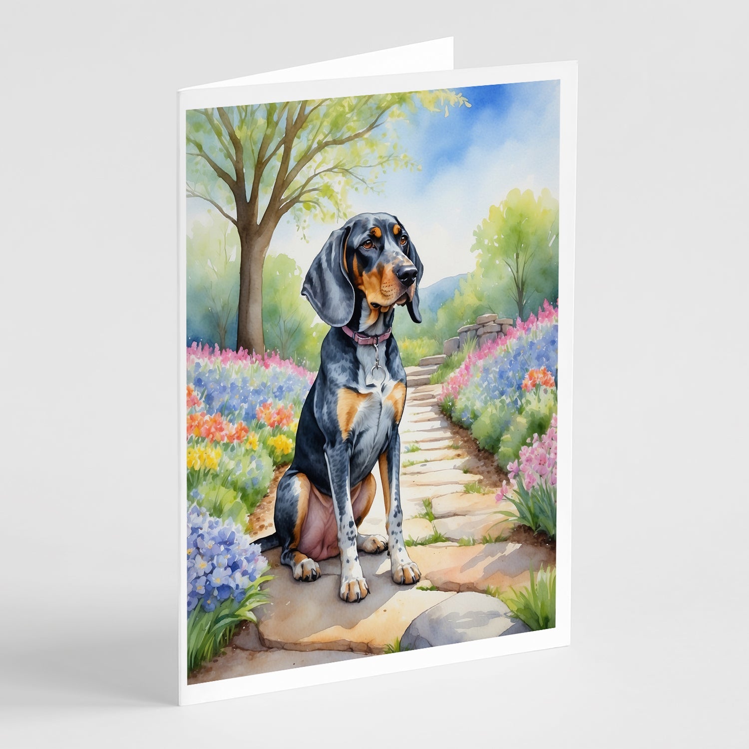 Bluetick Coonhound Spring Path Greeting Cards Pack of 8 Blank Cards with Envelopes Whimsical A7 Size 5x7
